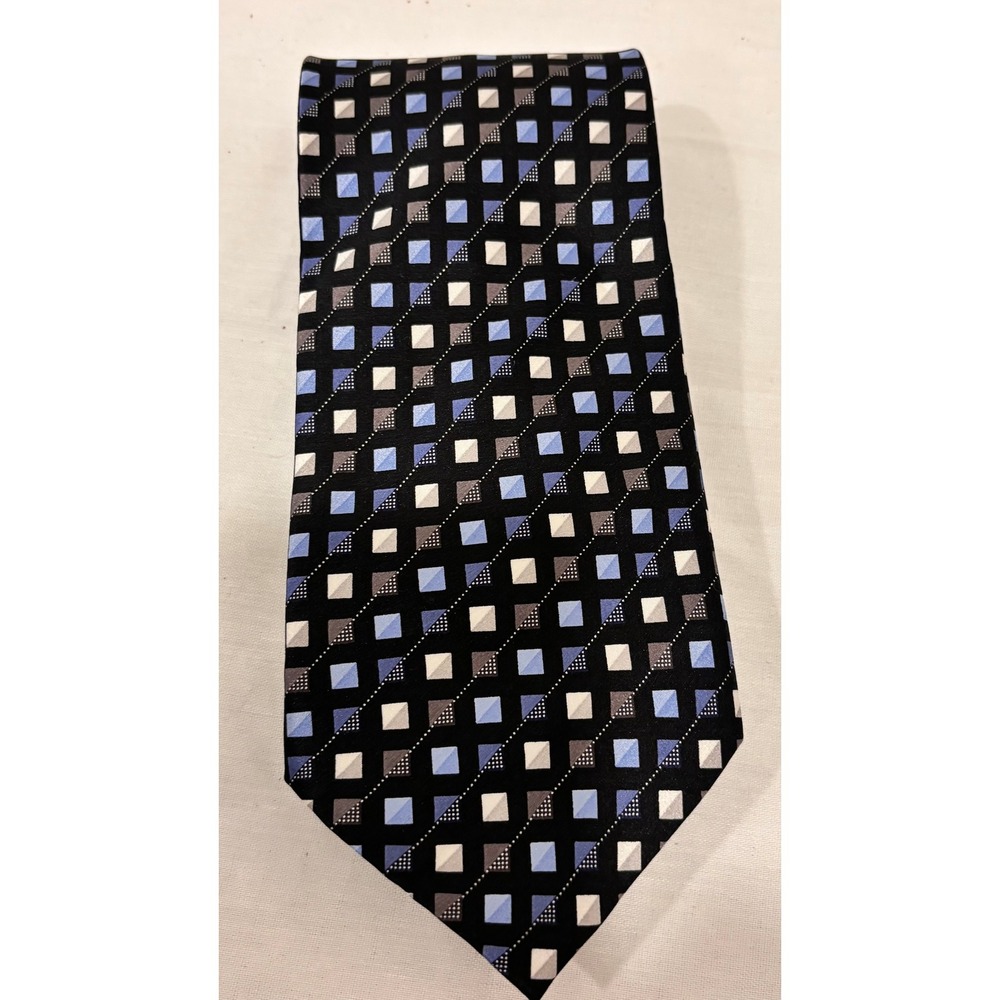 George Mens Necktie Black Blue Grey Geometric Square Pattern 100% Silk Hand Made
